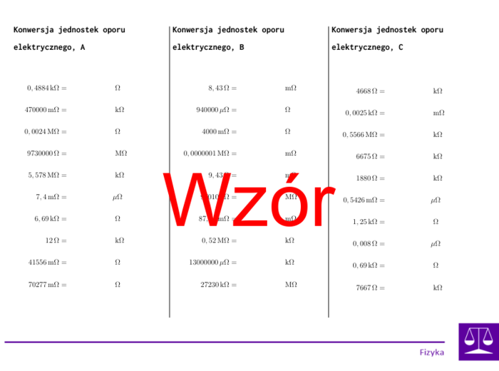 Konwersja jednostek oporu elektrycznego | matematyka | 26 kolumn