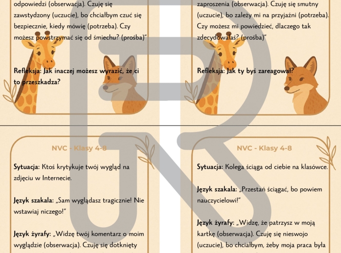Karty edukacyjno-terapeutyczne NVC „Język Żyrafy” – klasy 4–8 – Porozumienie bez przemocy DZIEN EMPATII, TUS, ZAJĘCIA ROZWIJAJĄCE KOMPETENCJE EMOCJONALNO- SPOŁECZNE, PEDAGOG, PSYCHOLOG, PROFILAKTYKA PRZEMOCY RÓWIEŚNICZEJ