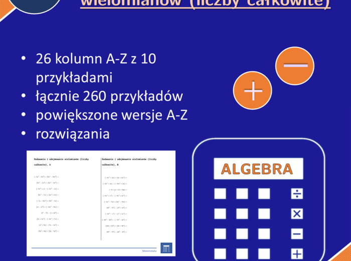 Dodawanie i odejmowanie wielomianów (liczby całkowite) | matematyka, algebra | 26 kolumn