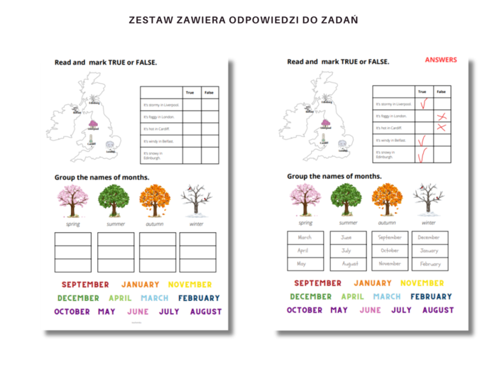 Karta Pracy Pogoda Weather, pory roku, nazwy miesięcy i dni tygodnia