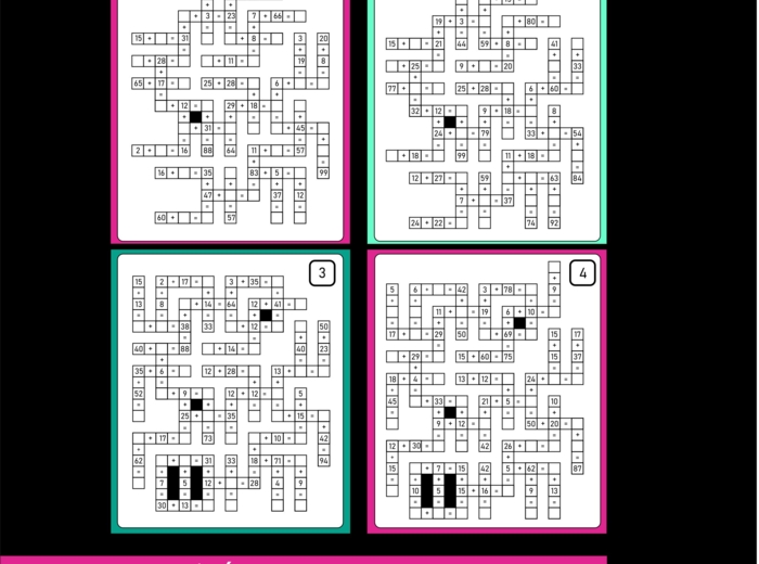 Krzyżówki matematyczne dodawanie do 100, zestaw- 4 szt. Dzień matematyki, nauka przez zabawę.