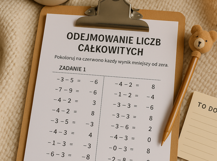 Karta pracy: Liczby całkowite – ćwiczenia z odejmowania