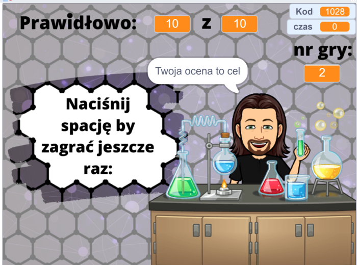 Klasa 7. Chemia. Quiz – pierwiastki i ich symbole – Scratch