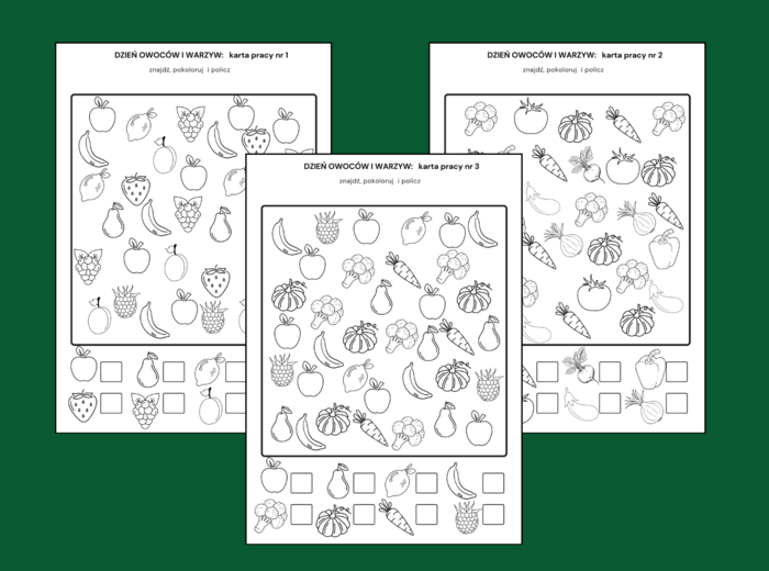 DZIEŃ OWOCÓW I WARZYW - znajdź, pokoloruj i policz – 3 wersje - biblioteka – świetlica - przedszkole