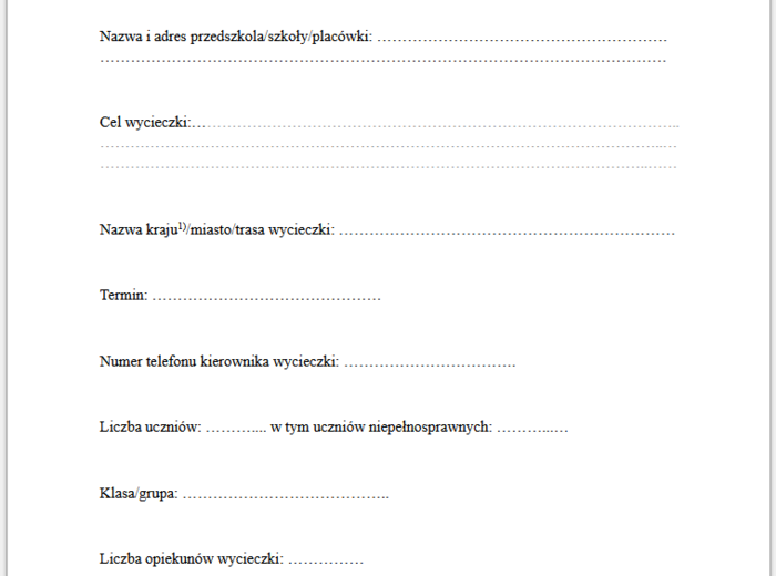 Pakiet - Karta wycieczki - wzór