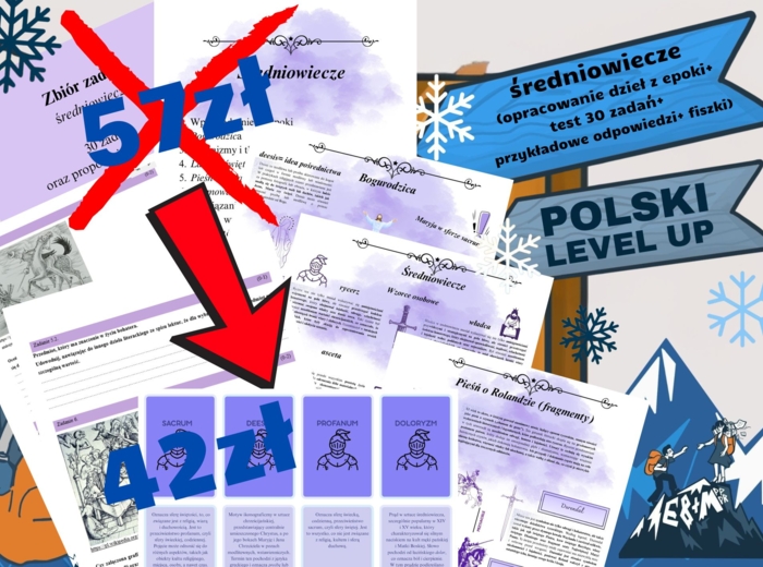 średniowiecze_pakiet 3 elementów (opracowanie lektur i epoki+ test+fiszki)_Polski Level Up