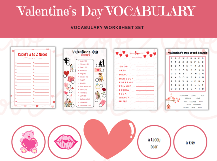 Valentine's Day Vocabulary - Angielski na Waletynki, zestaw 4 kart pracy do ćwiczenia słownictwa związanego z miłością, związkami i walentynkami + dodatkowa gra memory z 18 słówkami