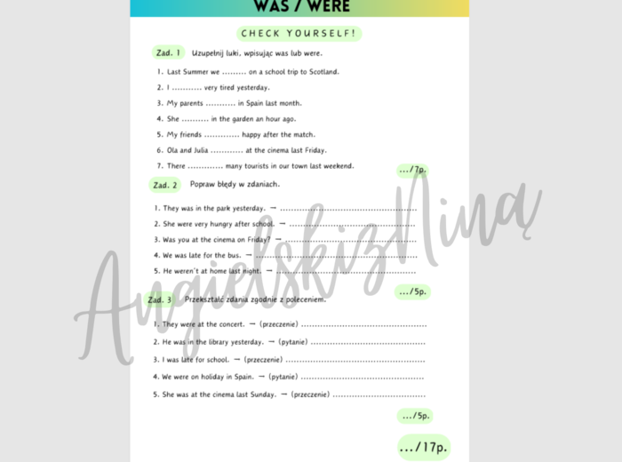 Was / were - Past Simple - Check yourself! - kartkówka - powtórka - powtórzenie - egzamin ósmoklasisty - E8 - matura