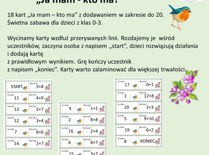 Dodawanie do 20 - Ja mam kto ma?