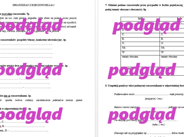 Rzeczownik - sprawdzian dla kl. 5 - 6