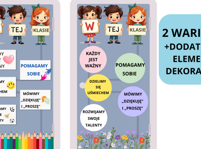 Ozdoba na drzwi/tablicę /gazetkę - „W tej klasie…” – dekoracja do szkoły podstawowej - 2 warianty