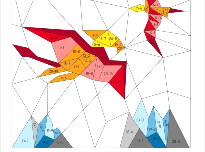 Kolorowanka matematyczna, dodawanie i odejmowanie od 1 do 20, dzień dinozaura, prehistoria, matematyka i sztuka.