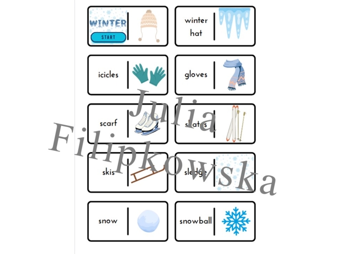 Winter holidays domino/ Ferie zimowe/ Zima / Domino/ Gra/ Gra językowa/ Karty obrazkowe/ Zabawa/ Dzieci/ Warm-up/ Rozgrzewka/ Słowncitwo