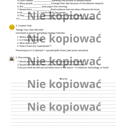 Karta pracy - czytanka "The Secret Life of Microbes" B2 z ćw. na czas Present Perfect v. Past Simple