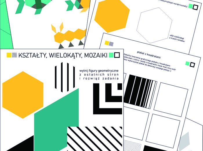 Kształty, figury geometryczne, mozaiki, wielokąty - geometria dla dzieci, dla przedszkola (wytnij i przyklej) , kwadrat, sześciokąt, trapez, trójkąt, romb, tangram