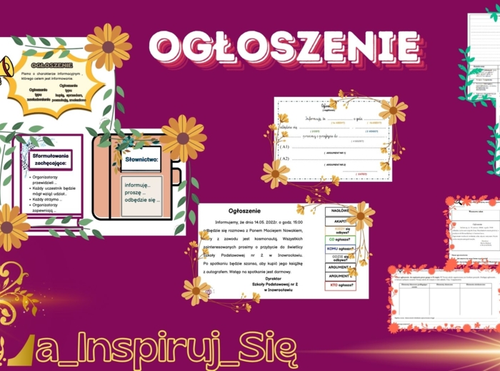Ogłoszenie w kl. IV-VIII- karty pracy, scenariusz lekcji