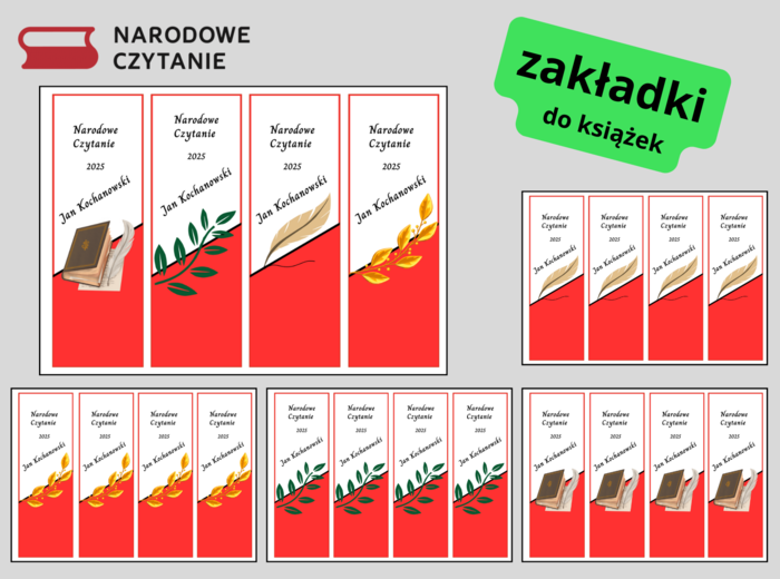 NARODOWE CZYTANIE 2025 – zakładki do książek – zakładka – Jan Kochanowski – biblioteka - język polski - wersja 3