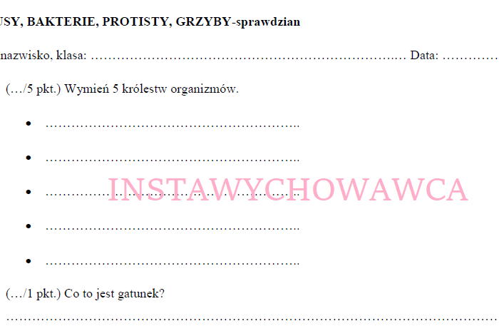 wirusy, bakterie, protisty, grzyby-sprawdzian
