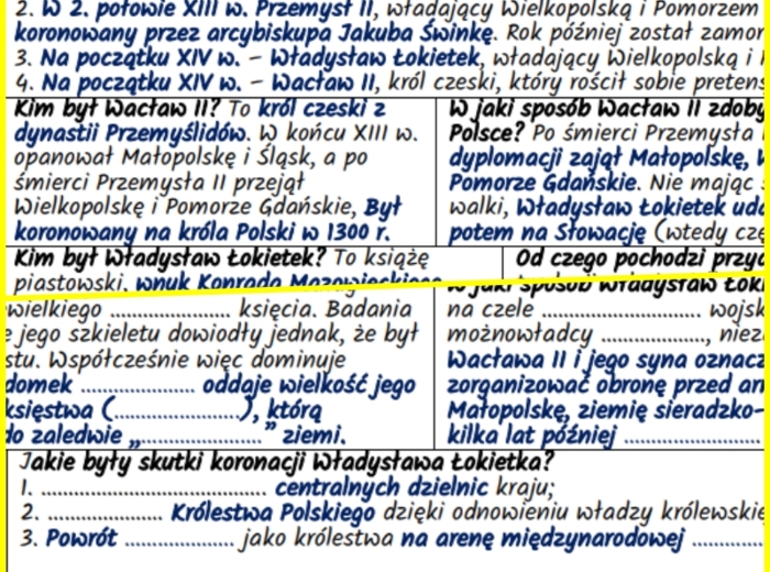 Powrót królów (koniec XIII – początek XIV w.): Przemysł II, Wacław II, Władysław Łokietek – notatki i karta pracy