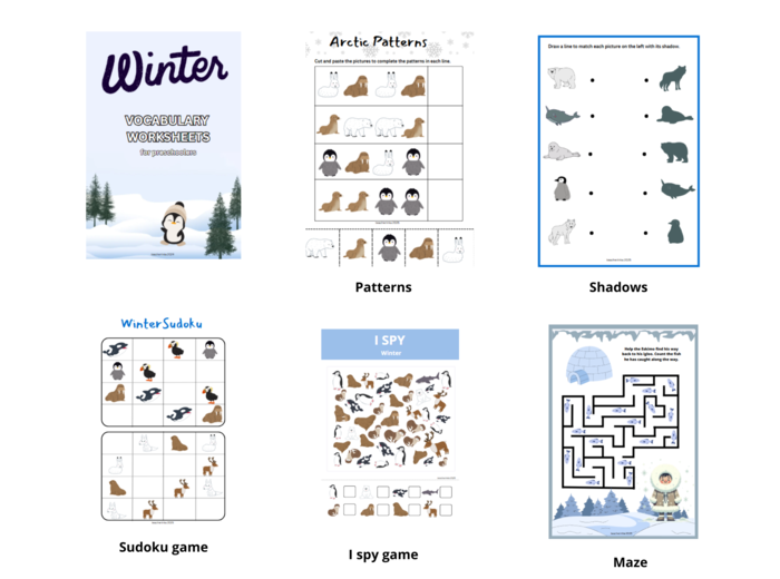 Winter Artic Animals Worksheet Set + Flashcards- zwierzęta arktyczne, karty pracy dla przedszkolaka, ucznia zerówki przedszkolnej, I spy, sudoku, labirynt, karty obrazkowe , język angielski