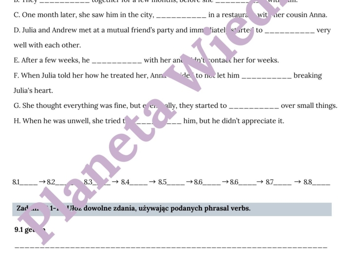 PHRASAL VERBS PART 1– Zbiór zadań do egzaminu ósmoklasisty z języka angielskiego. Poziom A2/A2+ – uzupełnienie luk w tekstach, układanie historii, użycie phrasal verbs w codziennym życiu