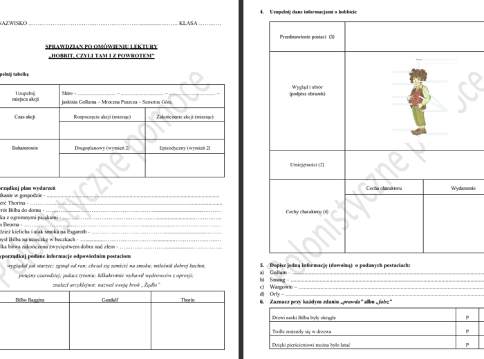 Sprawdzian po omówieniu lektury "Hobbit, czyli tam i z powrotem"