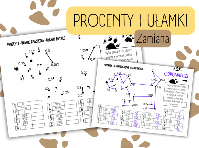 PROCENTY I UŁAMKI – łączenie kropek/ procenty/ ułamki zwykle/ ułamki dziesiętne