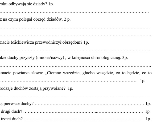 Dziady cz. II Adam Mickiewicz - kartkówka ze znajomości lektury