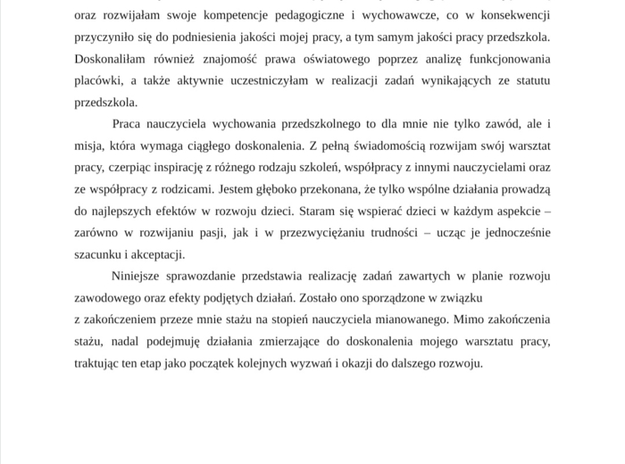 Sprawozdanie z realizacji planu rozwoju zawodowego nauczyciela kontraktowego ubiegającego się o stopień nauczyciela mianowanego