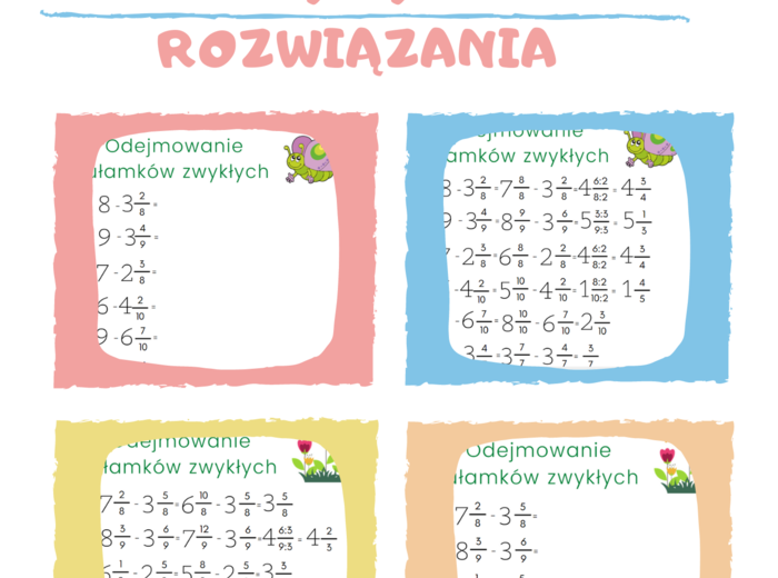 Odejmowanie ułamków zwykłych o tym samym mianowniku / KARTY PRACY kl.4 – kl.5 PDF + ROZWIĄZANIA