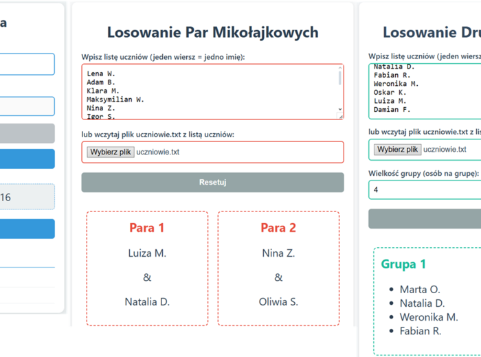 Narzędzia nauczyciela - Losowanie drużyn grup, Losowanie par mikołajkowych, Losowanie ucznia