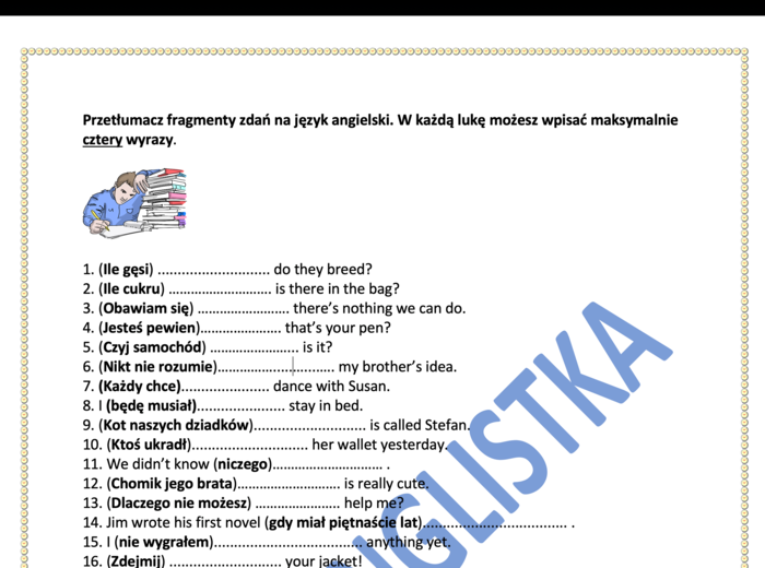 Tłumaczenie fragmentów zdań - aż 50 zdań z kluczem- EGZAMIN ÓSMOKLASISTY MEGA TRENING