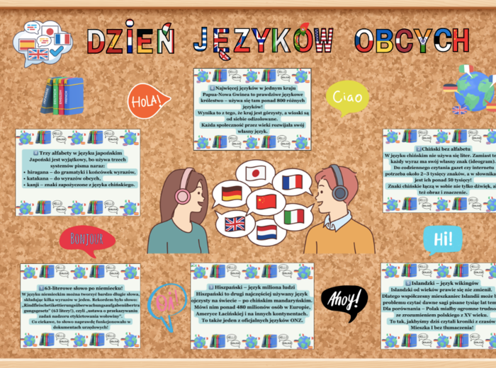 Gotowa gazetka do dekoracji klasy, biblioteki czy szkolnego korytarza na Europejski Dzień Języków (26 września).|41 stron do druku|format A4 i mniejszy|1 duży plakat|Wiele możliwości aranżacji
