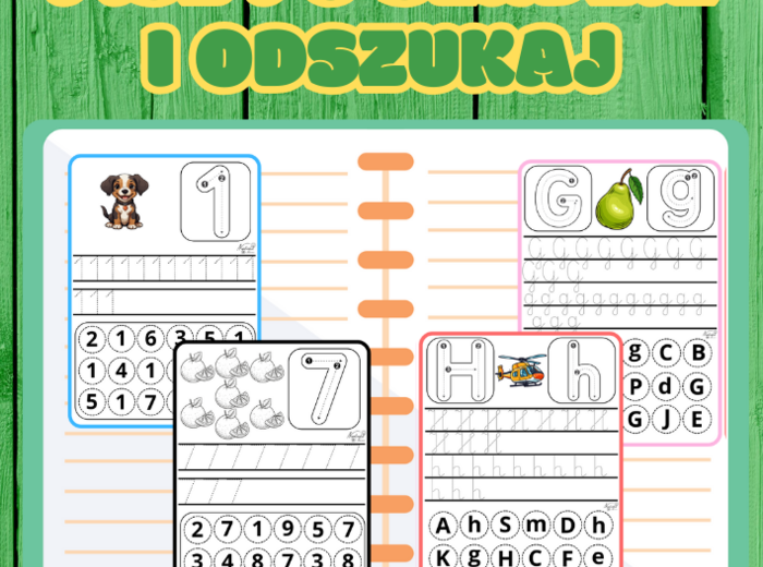 Zestaw ćwiczeń: nauka cyfr i liter – pisz po śladzie i odszukaj