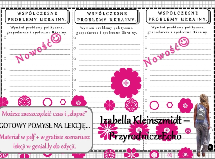 Pomysł na lekcję/karta pracy/stacje zadaniowe/notatki/ materiał do lekcji do tematu „Współczesne problemy Ukrainy” w pdf. W gratisie niekomercyjny scenariusz lekcji/pomysł na lekcję w programie genial.ly do edycji. Geografia 6. Dział „Sąsiedzi Polski”.