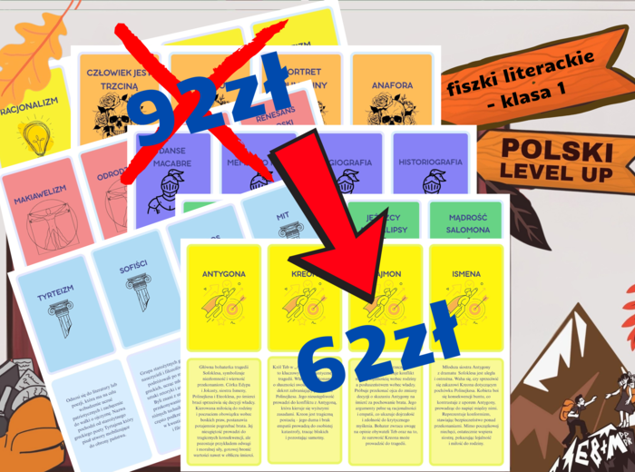 fiszki literackie_klasa1_PAKIET 264 pojęcia+ 100 bohaterów (7 elementów)_Polski Level Up