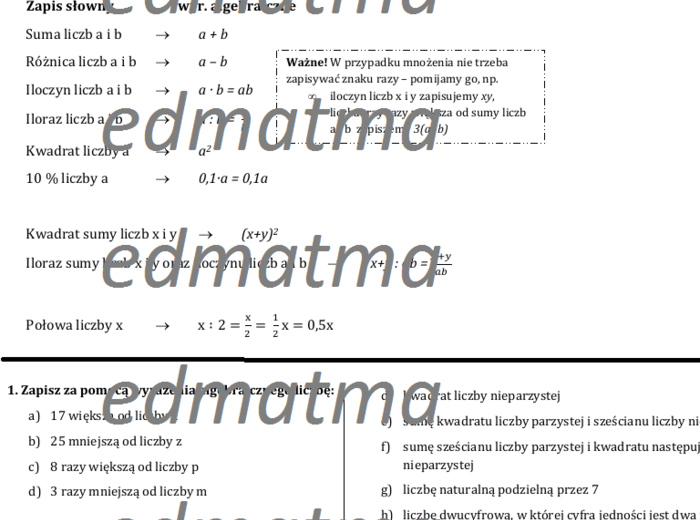 Zapisywanie wyrażeń algebraicznych - teoria + zadania