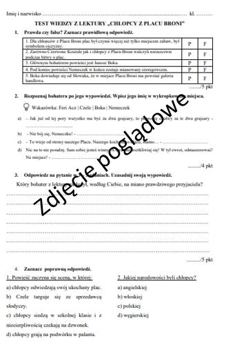 Sprawdzian wiedzy z lektury "Chłopcy z Placu Broni"