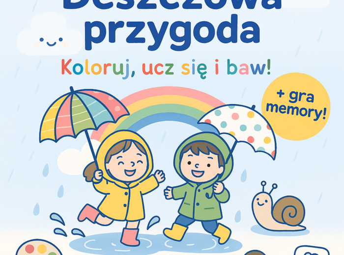 Karty pracy z kolorowaniem scenek z deszczową pogodą