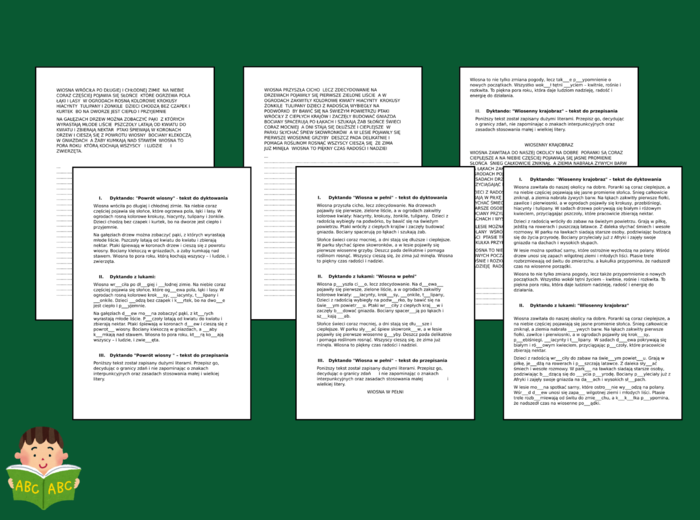DYKTANDO - wiosna - ORTOGRAFIA - ćwiczenia - 3 wersje