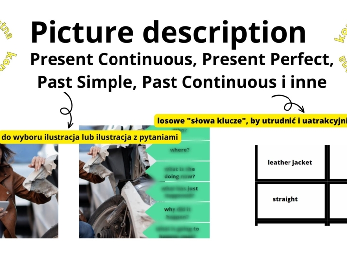 Opis obrazka wymuszający użycie wielu konstrukcji gramatycznych (Present Perfect, Past Simple/Continuous, be going to etc.); matura ustna, konwersacje