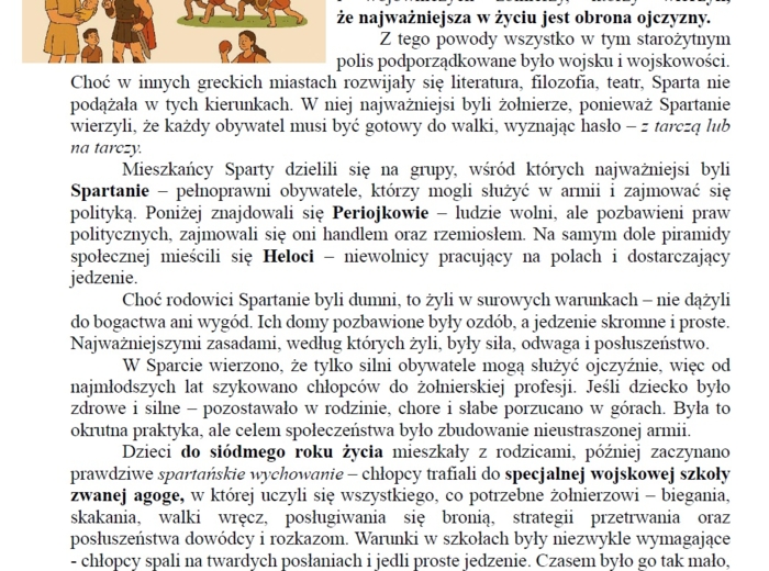 Historia - czytanie ze zrozumieniem "Spartańskie wychowanie"