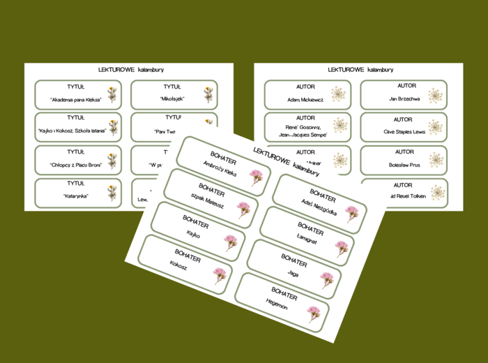 LEKTUROWE KALAMBURY – lektury kl. 4-6 – egzamin – powtórka – fiszki – 96 szt.