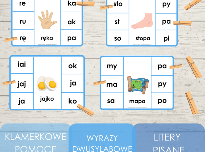 Klamerkowe pomoce - wyrazy dwusylabowe - litery pisane