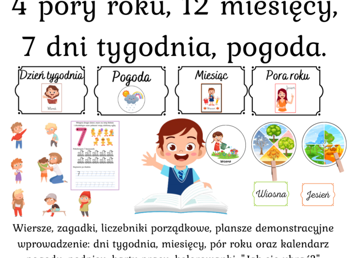 4 pory roku, 12 miesięcy, wprowadzenie 7 dni tygodnia i Pogoda