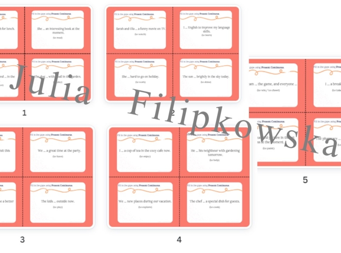 Present Continuous/ Karty do mówienia/ Mówienie/ Speaking/ Konwersacje/ Klasy 4-8/ Klasy 4-6/ Klasy 6-8/ SP/ Warm-up/ Rozgrzewka/ Speaking cards/ Gramatyka/ Grammar/ Speaking cards grammar/ Grammar cards/ E8