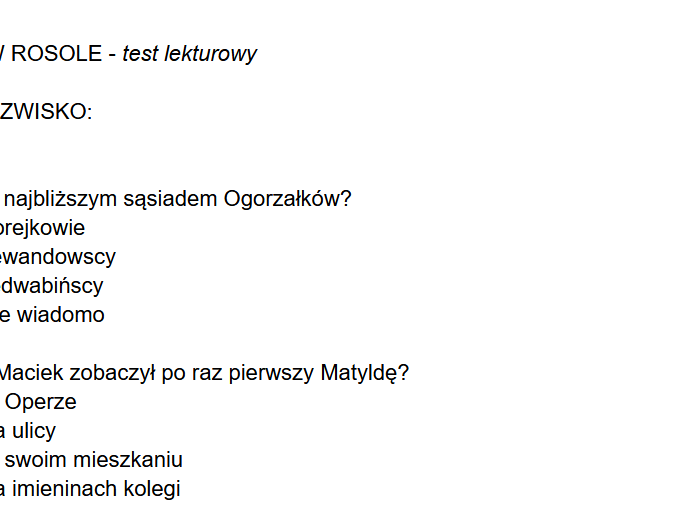 Opium w rosole, M. Musierowicz - test lekturowy