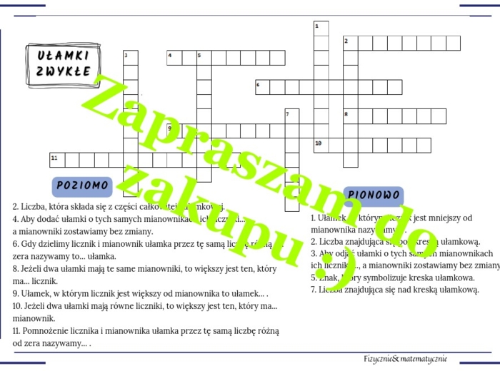 Ułamki zwykłe - krzyżówka