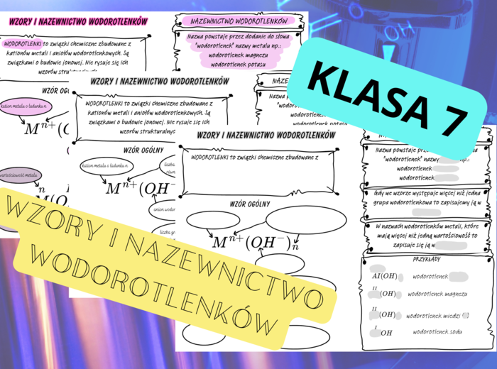 Chemia 7. Wzory i nazewnictwo wodorotlenków. Plakat + Sketchnotka + karta pracy