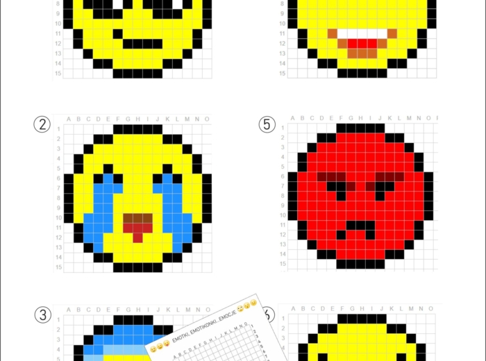 Kodowanki, emotki, emotikonki, odkoduj emocje. Kodowanie, pixel art- zestaw 6 kodowanek.